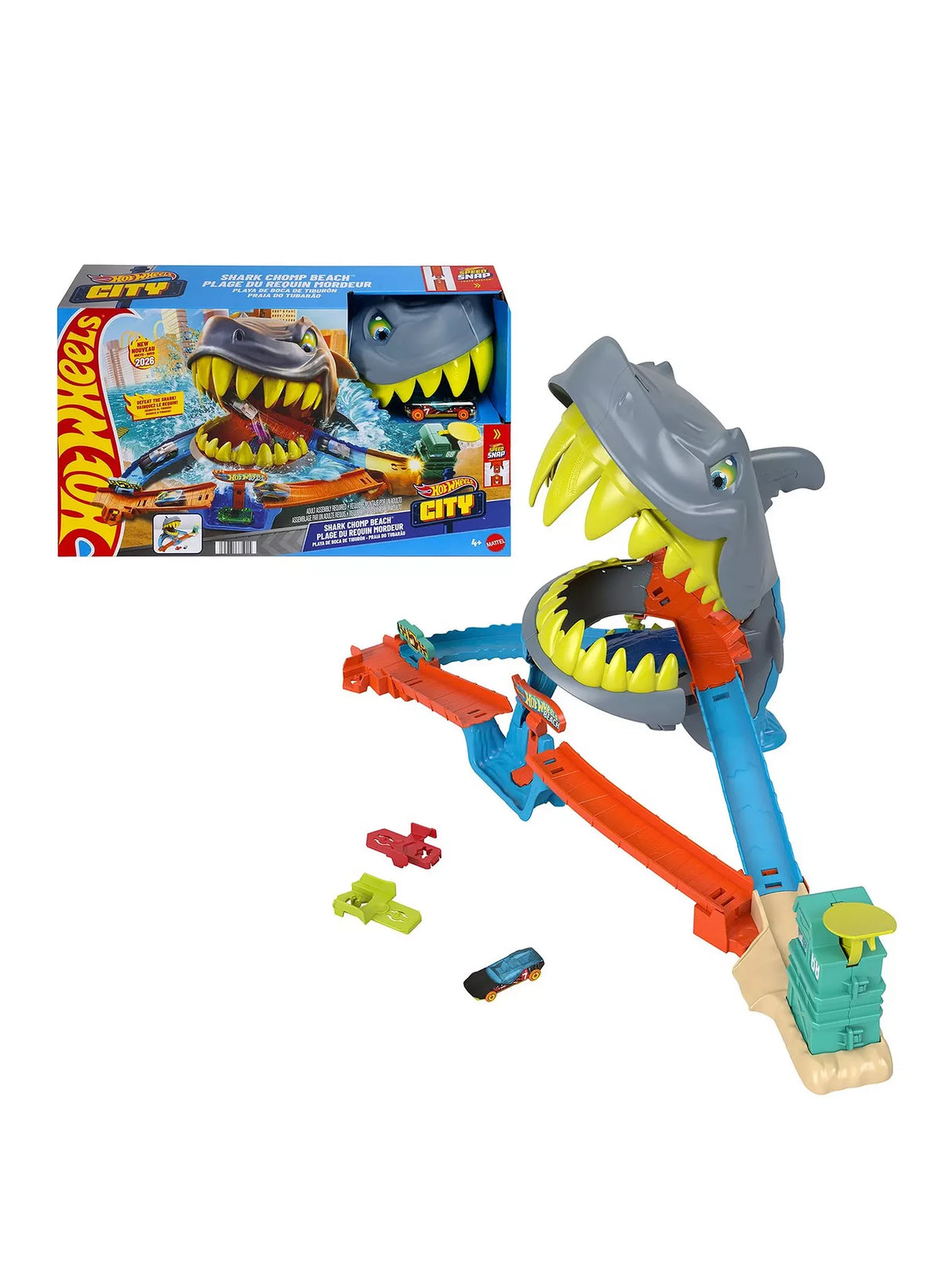 Hot Wheels City Shark Chomp Beach Playset with box, shark head track section, orange track and blue car