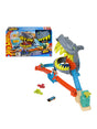 Hot Wheels City Shark Chomp Beach Playset with box, shark head track section, orange track and blue car