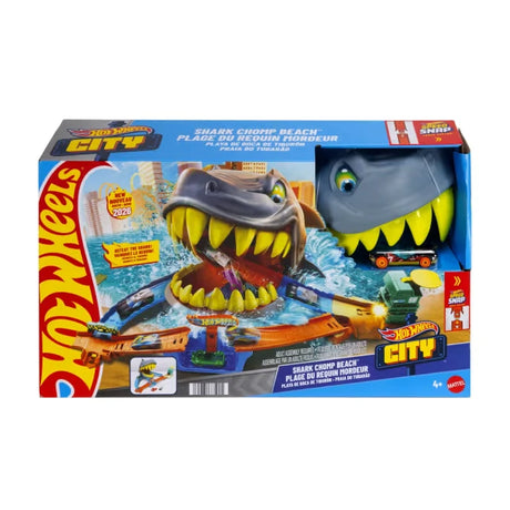 Hot Wheels City Shark Chomp Beach Playset box front showing shark head track set and car