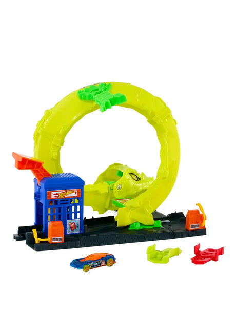 Hot Wheels City Snake Spiral Attack Playset assembled showing gas station, launcher, and snake loop in Ireland.