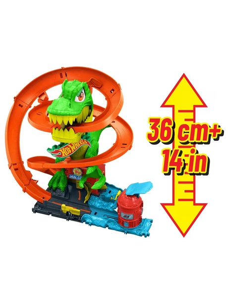 Hot Wheels City T-Rex Fire Station full set with 36 cm height graphic, green T-Rex and orange spiral track