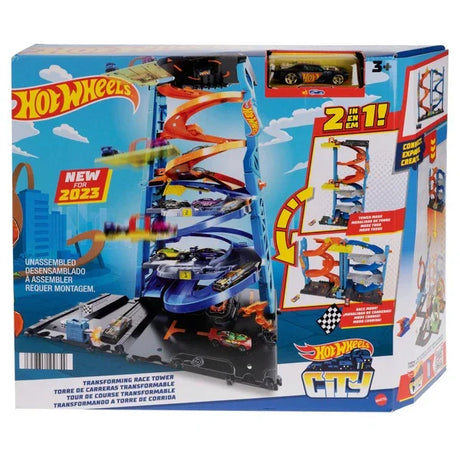 Hot Wheels City Transforming Race Tower Playset retail box showing tall racing tower and car in Ireland.