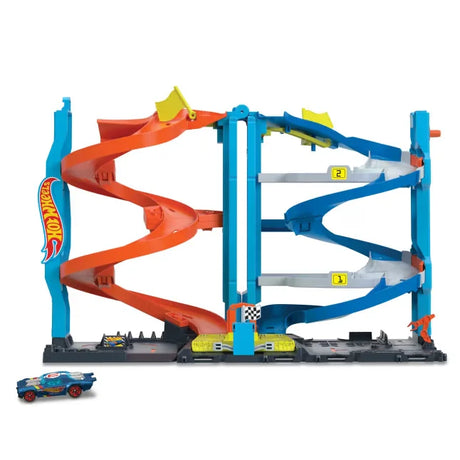 Hot Wheels City Transforming Race Tower Playset assembled with 66 cm high spiral track and included car in Ireland.