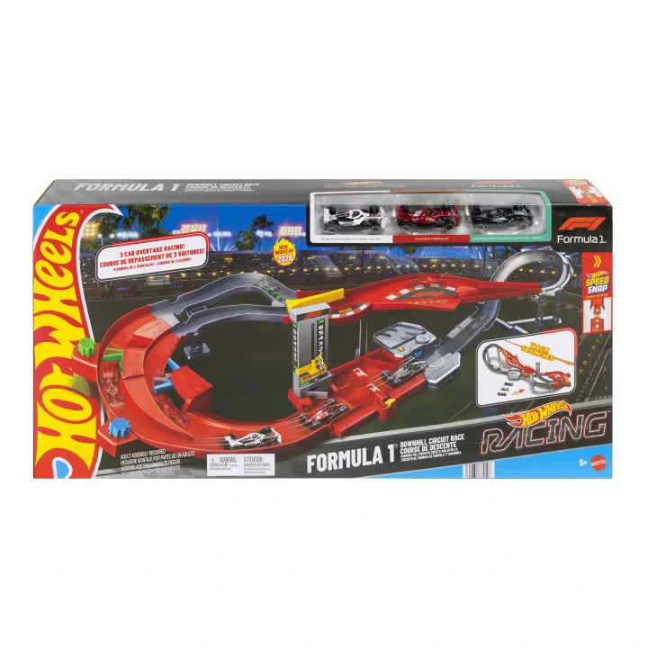 Front of the Hot Wheels Racing Formula 1 Downhill Circuit Race retail box showing the red and black track, three Formula 1 cars through a display window and Hot Wheels Racing branding.