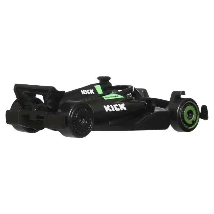 Black and green Hot Wheels Formula 1 car with KICK logos shown from the rear and side. 