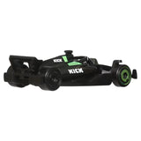 Black and green Hot Wheels Formula 1 car with KICK logos shown from the rear and side. 