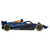 Blue Hot Wheels Formula 1 car with Oracle and Red Bull logos shown from the side.