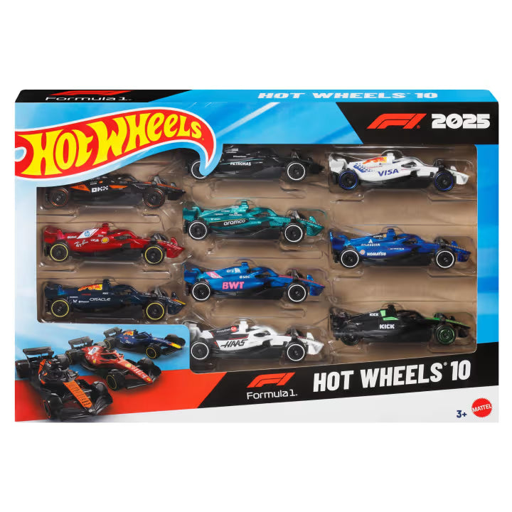 Hot Wheels Formula 1 2025 10 Pack product box with all ten cars visible through the front window.