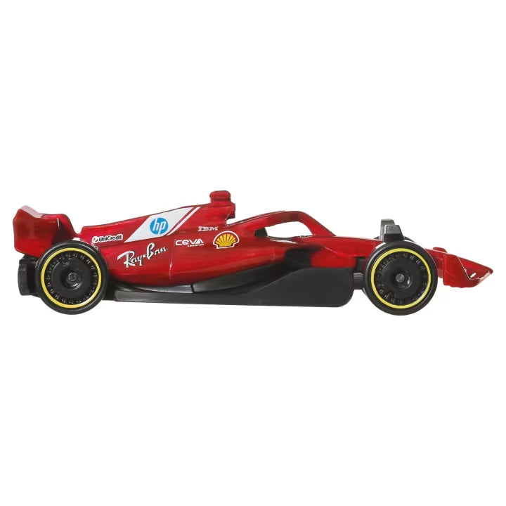 Red Hot Wheels Ferrari Formula 1 car with Ray-Ban and HP logos shown from the side.