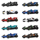Ten Hot Wheels Formula 1 cars in different team colours arranged in two columns.