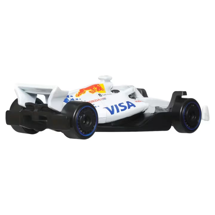 White Hot Wheels Formula 1 car with VISA and Red Bull logos shown from the rear and side.