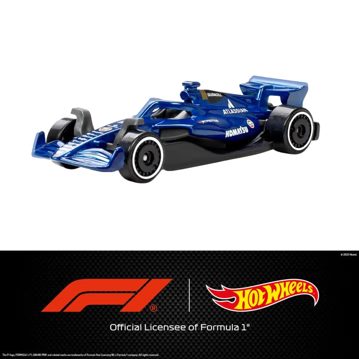 Hot Wheels Formula 1 blue F1 car with white graphics, black wings and silver rimmed wheels