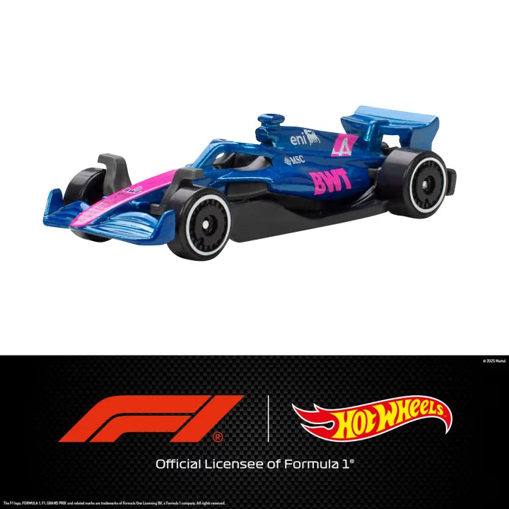 Hot Wheels Formula 1 blue and pink F1 car with BWT graphics and black rear wing