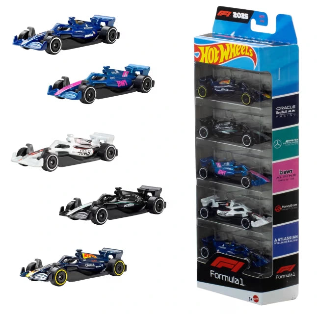 Hot Wheels Formula 1 5-Pack with five blue, pink, white and black F1 cars displayed beside the box