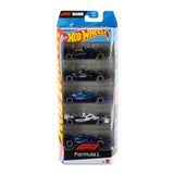 Hot Wheels Formula 1 5-Pack showing five F1 cars stacked inside blue retail packaging