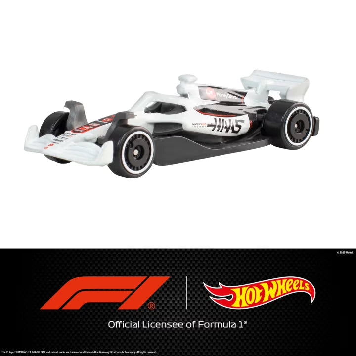 Hot Wheels Formula 1 white F1 car with black and red graphics and black rear wing