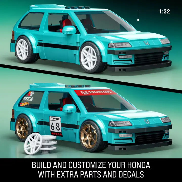 Turquoise 1:32 Custom ’90 Honda Civic EF shown before and after adding bronze wheels and racing decals