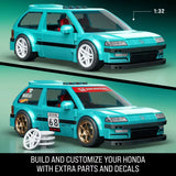 Turquoise 1:32 Custom ’90 Honda Civic EF shown before and after adding bronze wheels and racing decals
