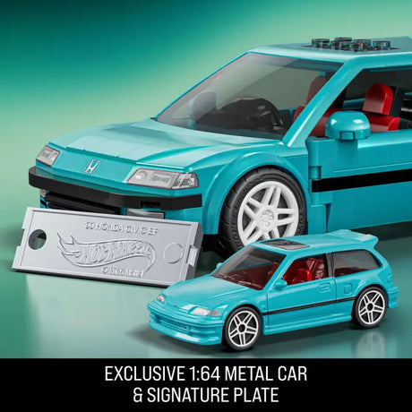 Buildable turquoise Honda Civic EF displayed with the matching 1:64 metal car and silver Hot Wheels signature plate