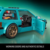 Turquoise buildable Honda Civic EF with the driver door open to show the steering wheel, seats and interior