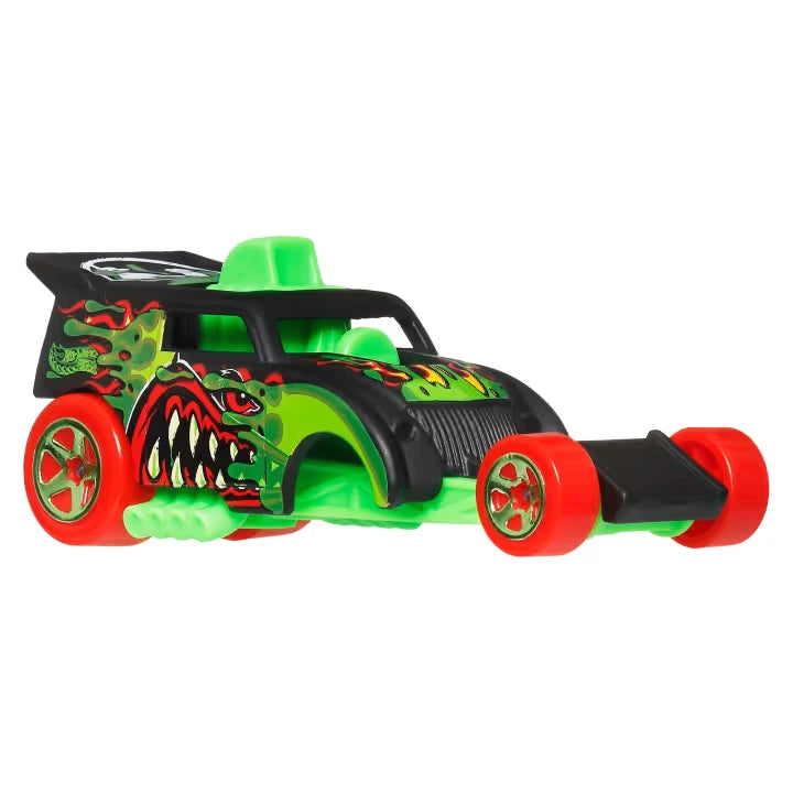 Hot Wheels Monster Trucks Mutant Chaos black and green monster truck with red wheels and monster mouth graphics