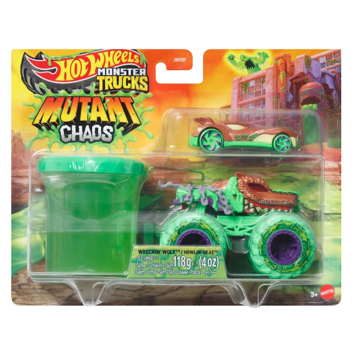 Hot Wheels Monster Trucks Mutant Chaos green monster truck with purple wheels, diecast car and slime in retail packaging