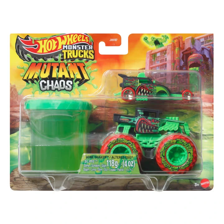 Hot Wheels Monster Trucks Mutant Chaos green monster truck with red wheels, diecast car and slime in retail packaging