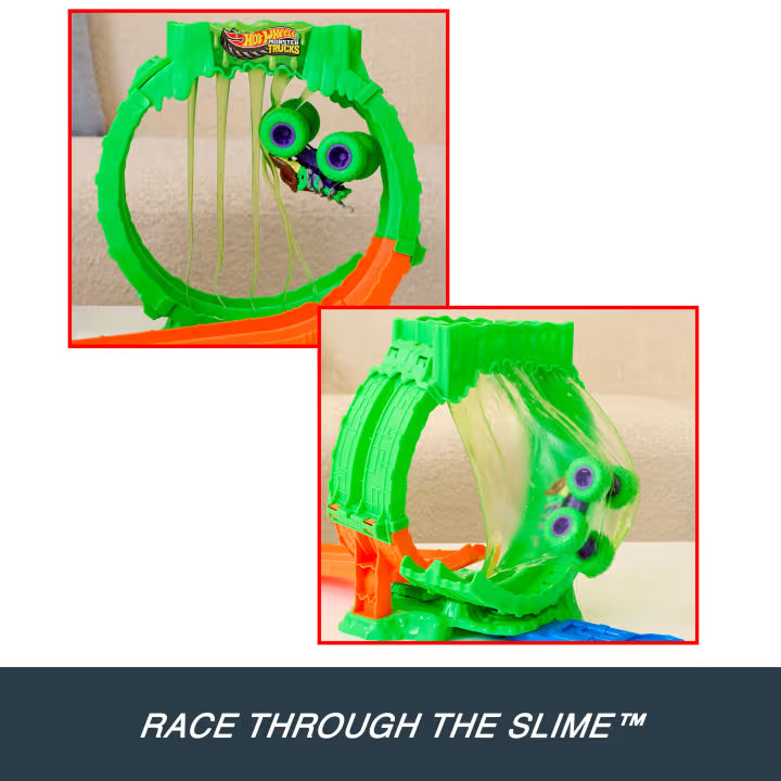 Hot Wheels Monster Trucks Mutant Chaos Loop Challenge with two inset views of the green and purple monster truck passing through hanging slime strands.
