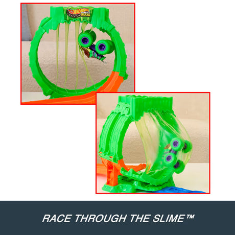 Hot Wheels Monster Trucks Mutant Chaos Loop Challenge with two inset views of the green and purple monster truck passing through hanging slime strands.