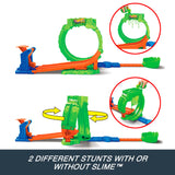 Hot Wheels Monster Trucks Mutant Chaos Loop Challenge shown with the loop upright and turned sideways in two track layouts.