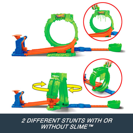 Hot Wheels Monster Trucks Mutant Chaos Loop Challenge shown with the loop upright and turned sideways in two track layouts.
