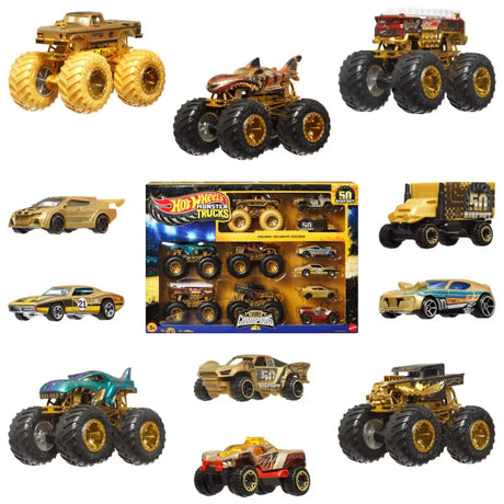 Hot Wheels Monster Trucks Trophy Champions Collection with five Monster Trucks, six cars and anniversary retail box