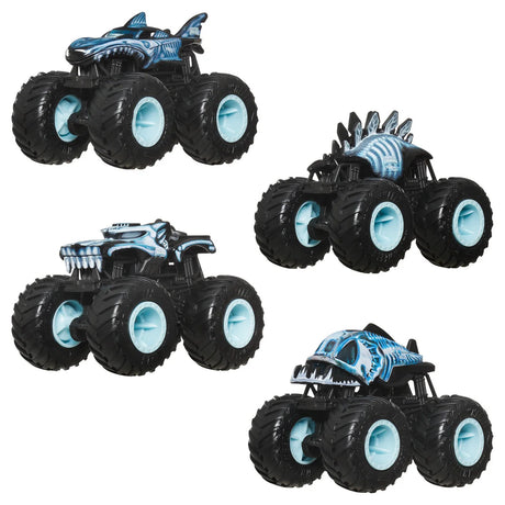Display of Hot Wheels Monster Trucks X-Ray 4-Pack showing bold translucent skeleton-style truck designs in Ireland.