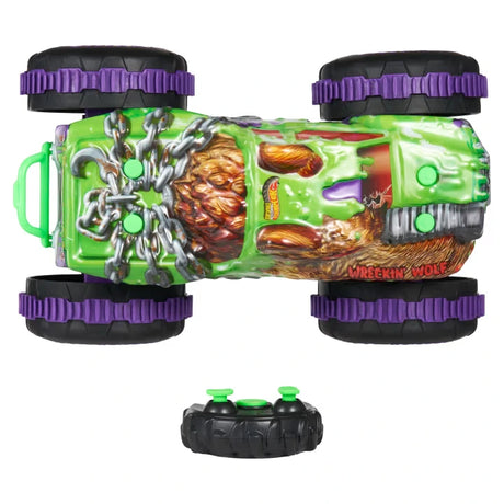 Hot Wheels Mutant Chaos Wreckin' Wolf RC top view with chain graphics, purple wheels and controller