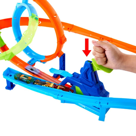 Hot Wheels Rapid Launch Cyclone launcher with four cars loaded in the feeder