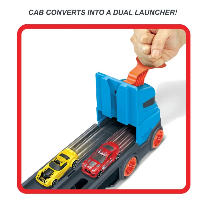 Hot Wheels Speedway Hauler cab launcher feature with two cars racing side by side