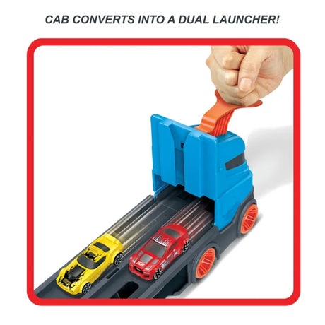 Hot Wheels Speedway Hauler cab launcher feature with two cars racing side by side