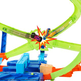 Hot Wheels Stunt Tracks Hypersphere Crash close up showing cars colliding at the crash point