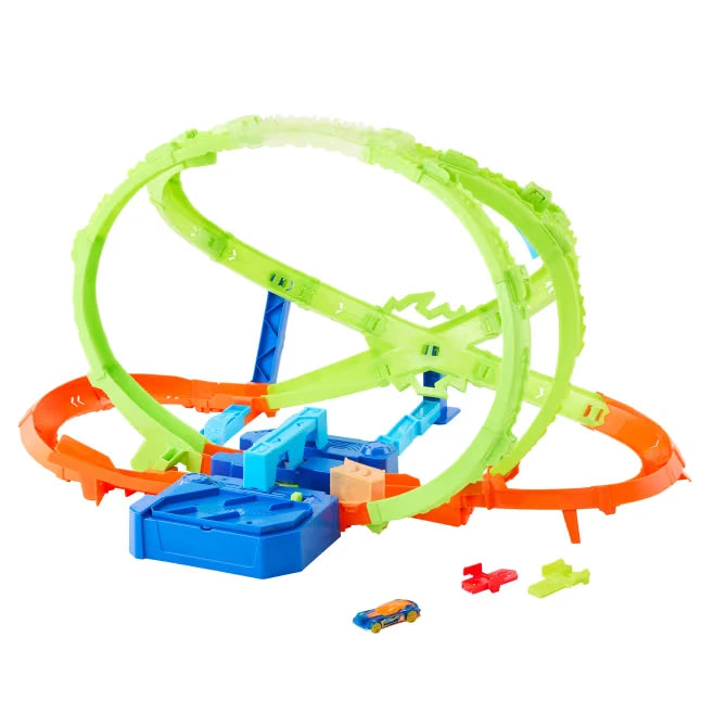 Hot Wheels Stunt Tracks Hypersphere Crash set shown with three Hot Wheels cars