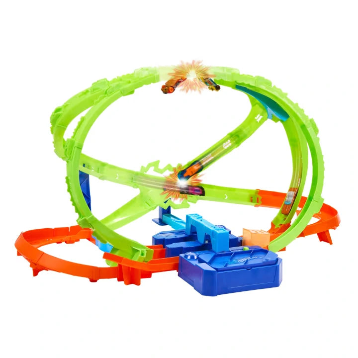 Hot Wheels Stunt Tracks Hypersphere Crash track with cars racing through the overlapping loops