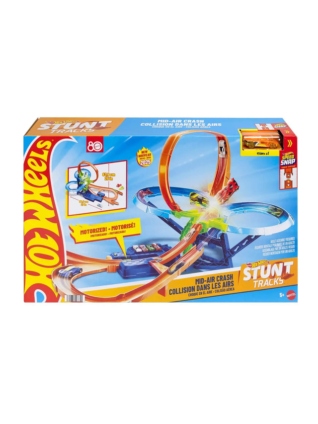 Hot Wheels Mid-Air Crash Stunt Tracks Playset box with motorized booster and crash action in Ireland.