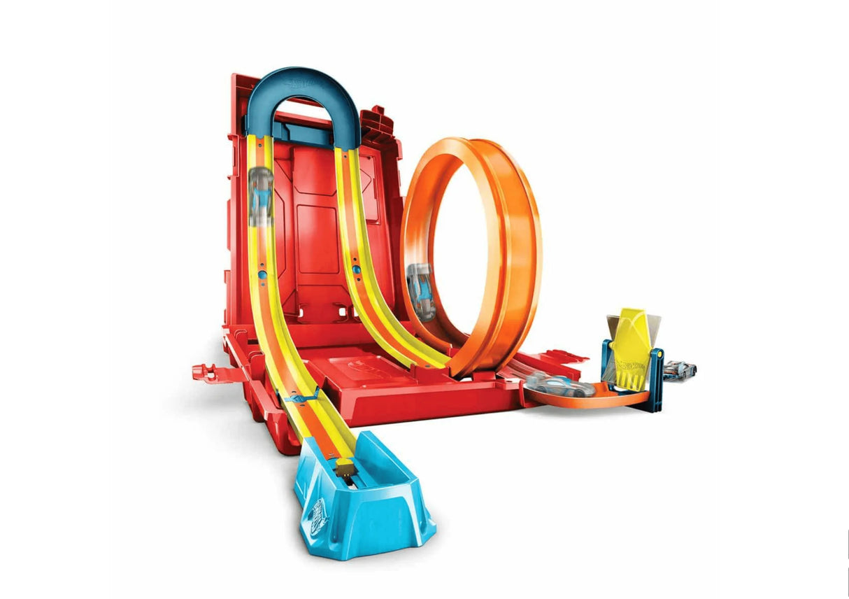 Hot Wheels Track Builder Fuel Can Stunt Box assembled track with loop, ramps, and racing car in Ireland.