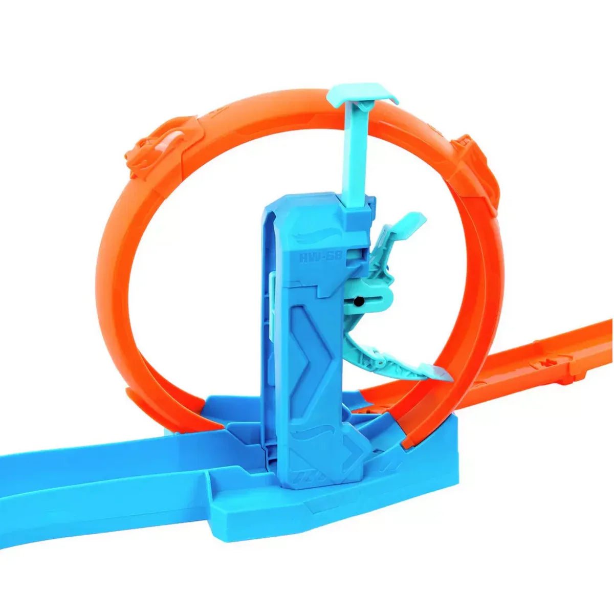 Hot Wheels Track Creator Triple Loop Frenzy Kit close-up of slam launcher and loop section in Ireland.