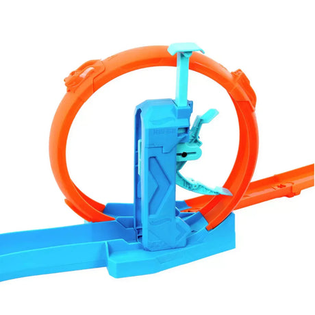 Hot Wheels Track Creator Triple Loop Frenzy Kit close-up of slam launcher and loop section in Ireland.