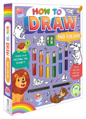 How to Draw and Colour activity book with six coloured pencils and a sketching pencil visible in the front cover