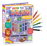 How to Draw and Colour activity book shown with coloured pencils arranged beside the book
