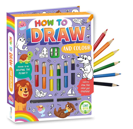 How to Draw and Colour activity book shown with coloured pencils arranged beside the book