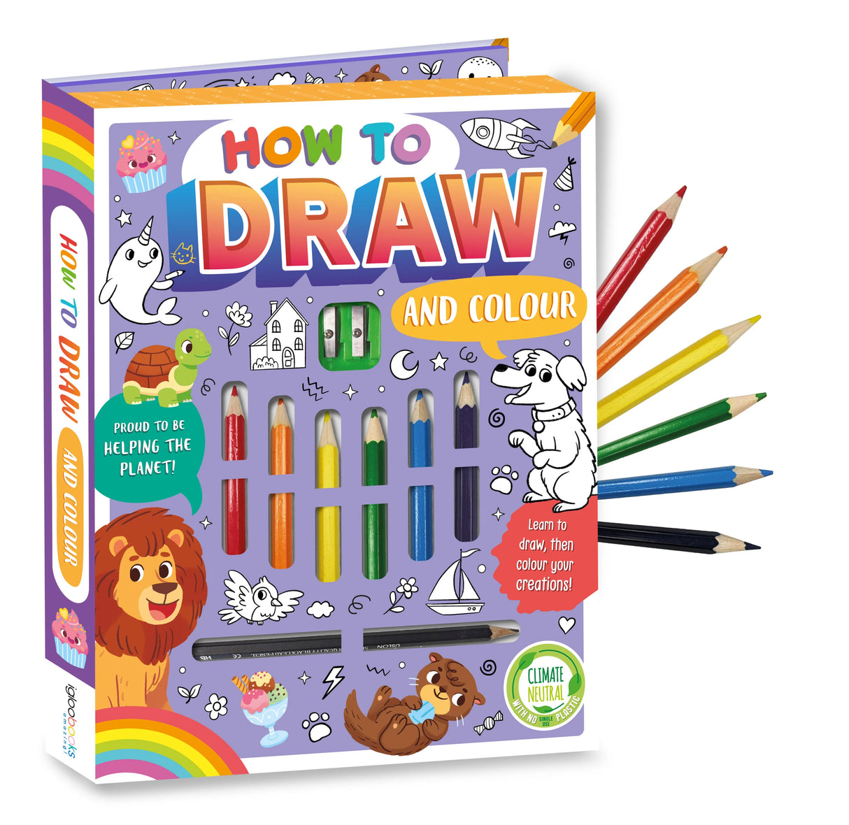 How to Draw and Colour book with six coloured pencils and a sketching pencil shown alongside