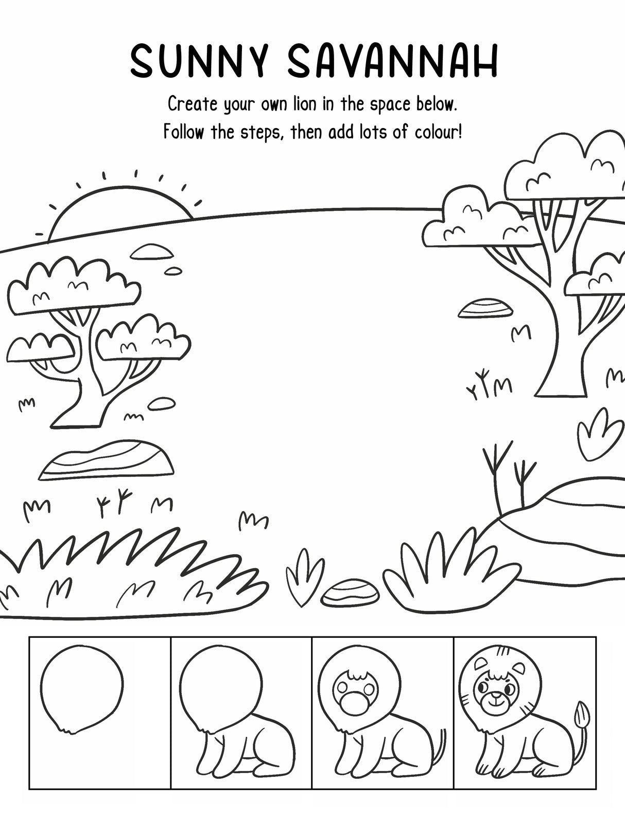 Sunny Savannah drawing activity page with a savannah scene and step-by-step lion drawing boxes