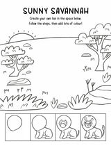 Sunny Savannah drawing activity page with a savannah scene and step-by-step lion drawing boxes